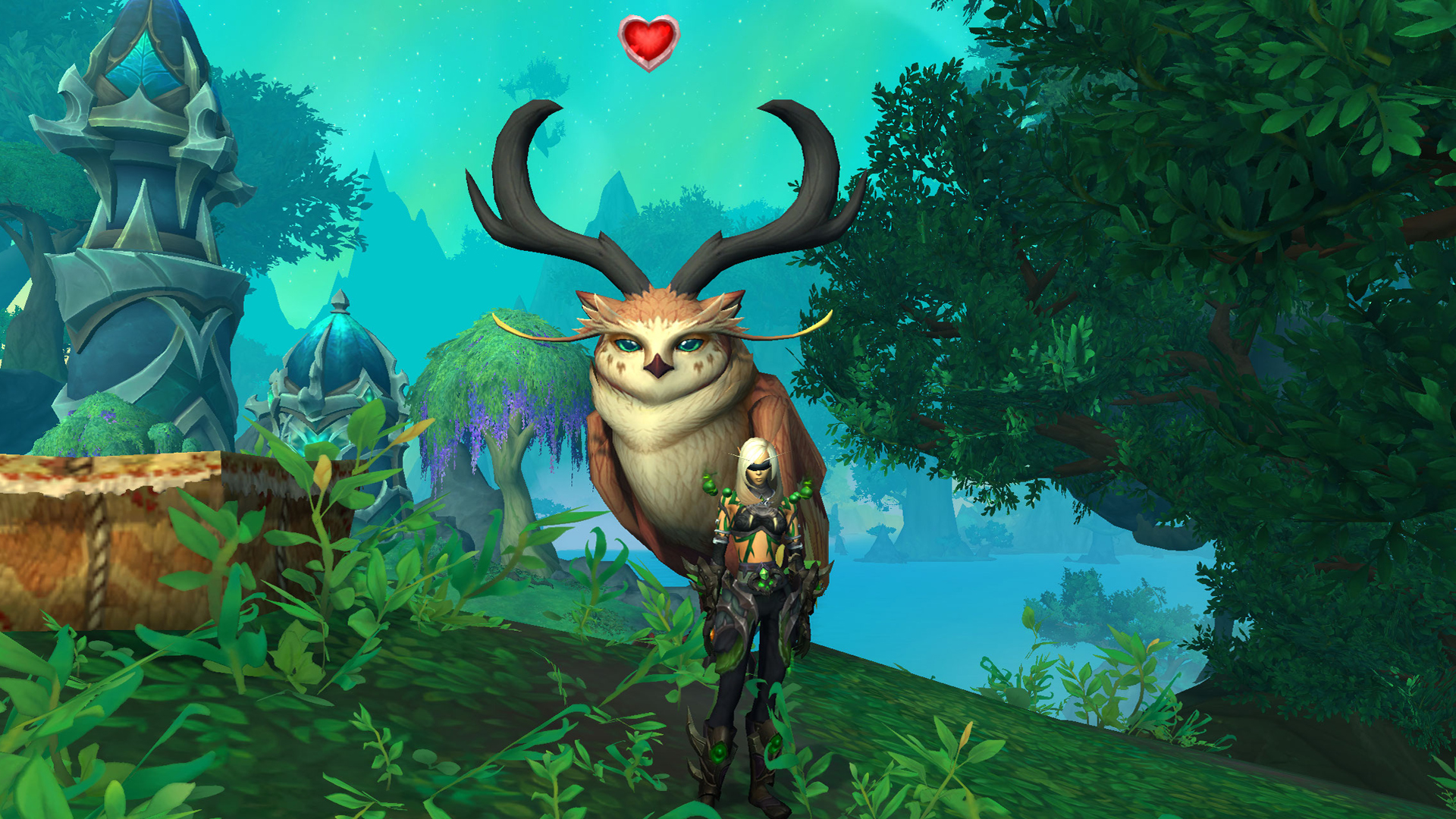 A blood elf demon hunter stands before a Tawny Somnowl in World of Warcraft's 'Our Owlies' quest