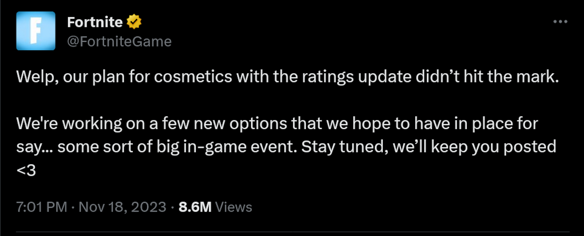 Epic Games Tweet acknowledging the need for changes to Fortnite's age rating system