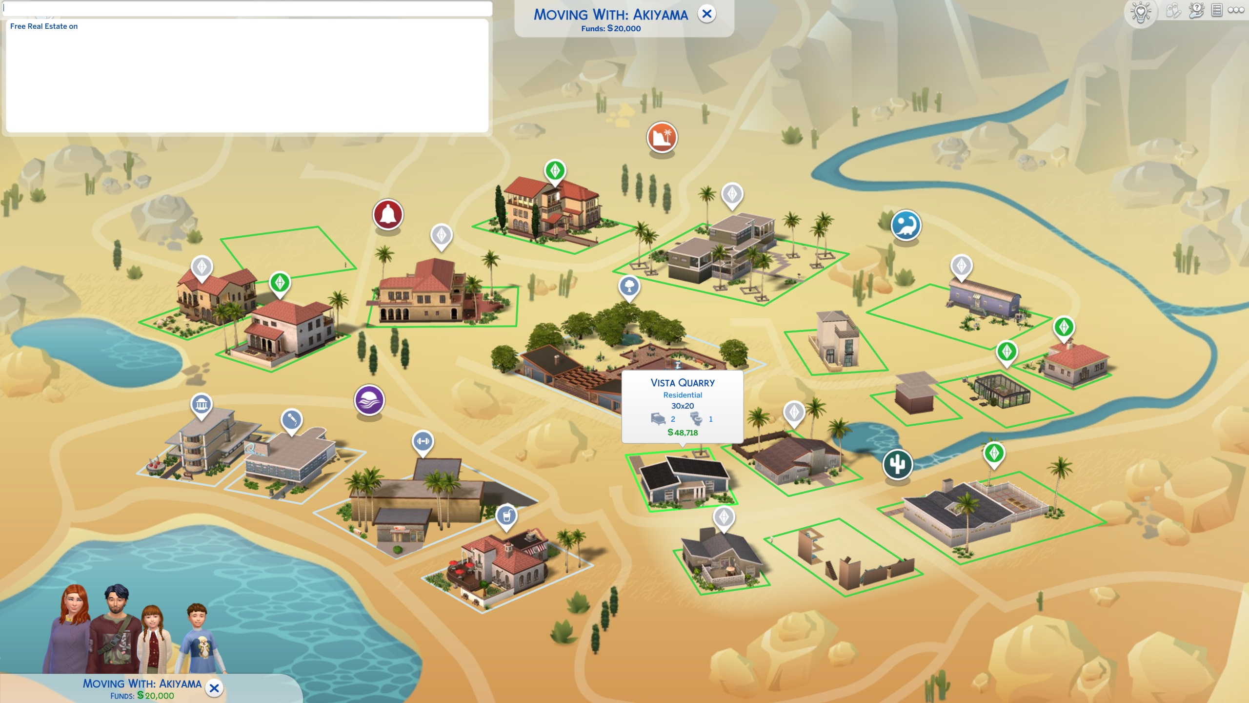 The Sims 4 neighborhood view showing the Free Real Estate cheat activated