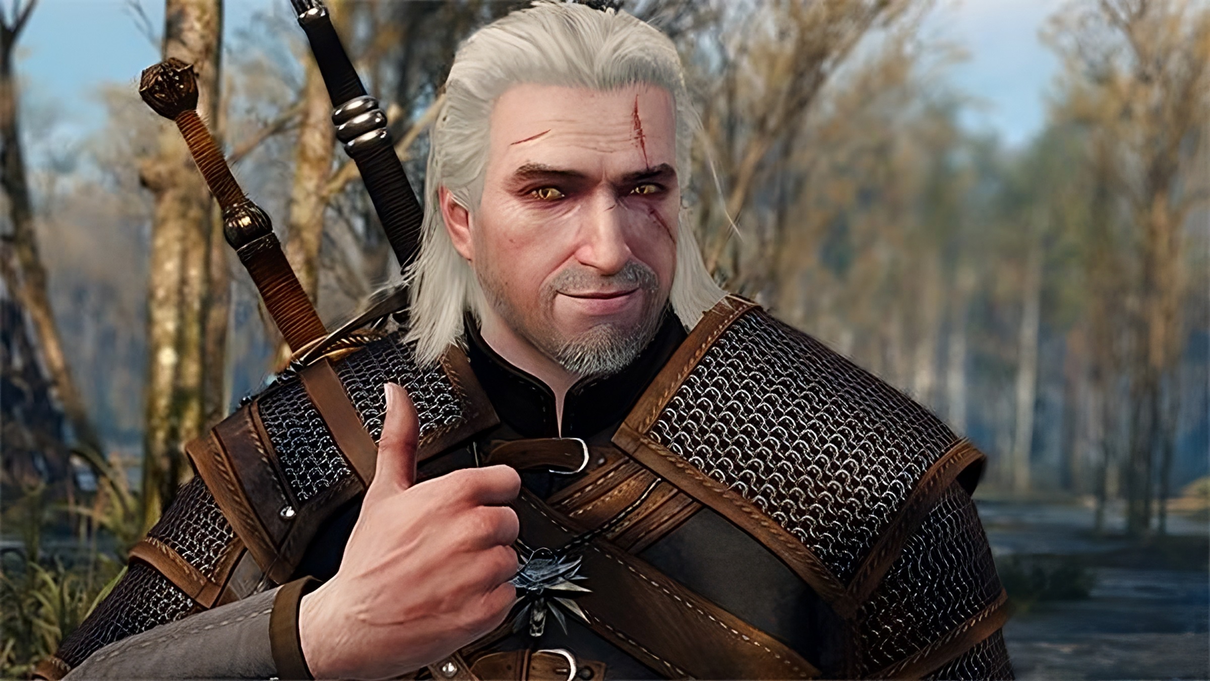 Geralt of Rivia from The Witcher 3 giving a thumbs up