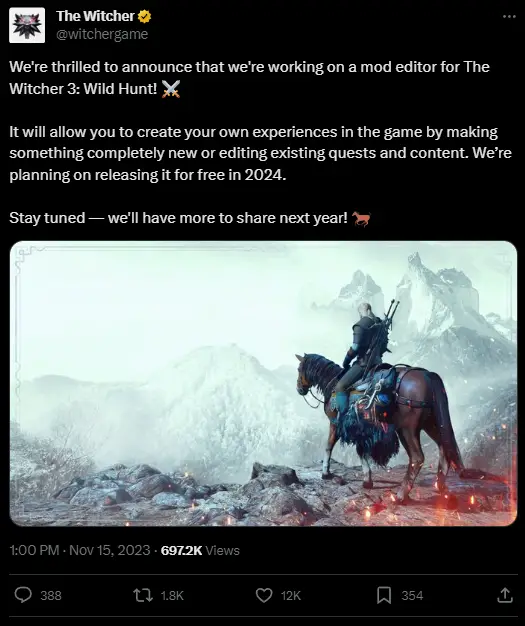 Official Twitter announcement for The Witcher 3 modding tools