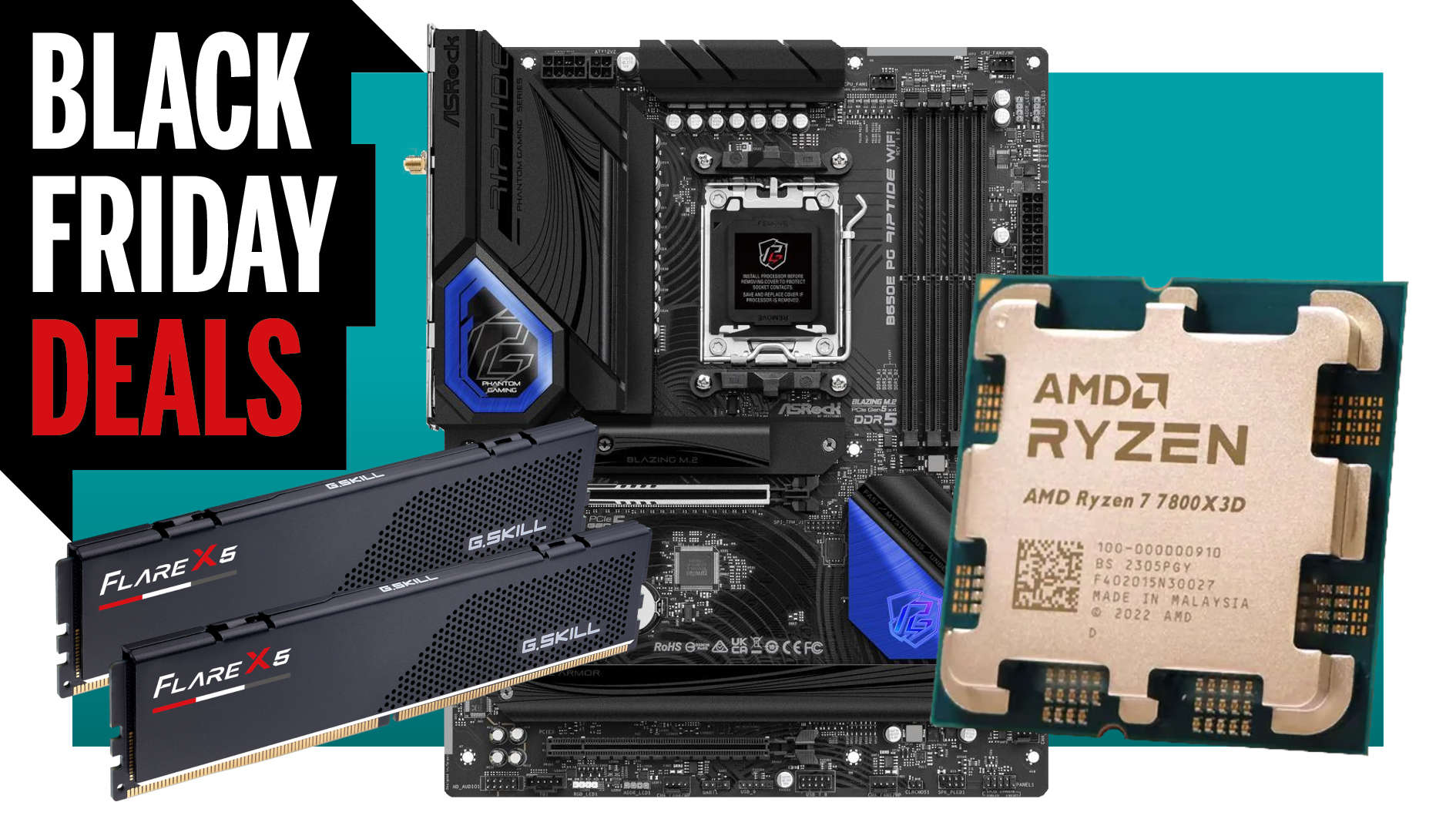 AMD Ryzen 7 7800X3D, ASRock B650E PG Riptide motherboard, and G.Skill Flare X5 RAM kit