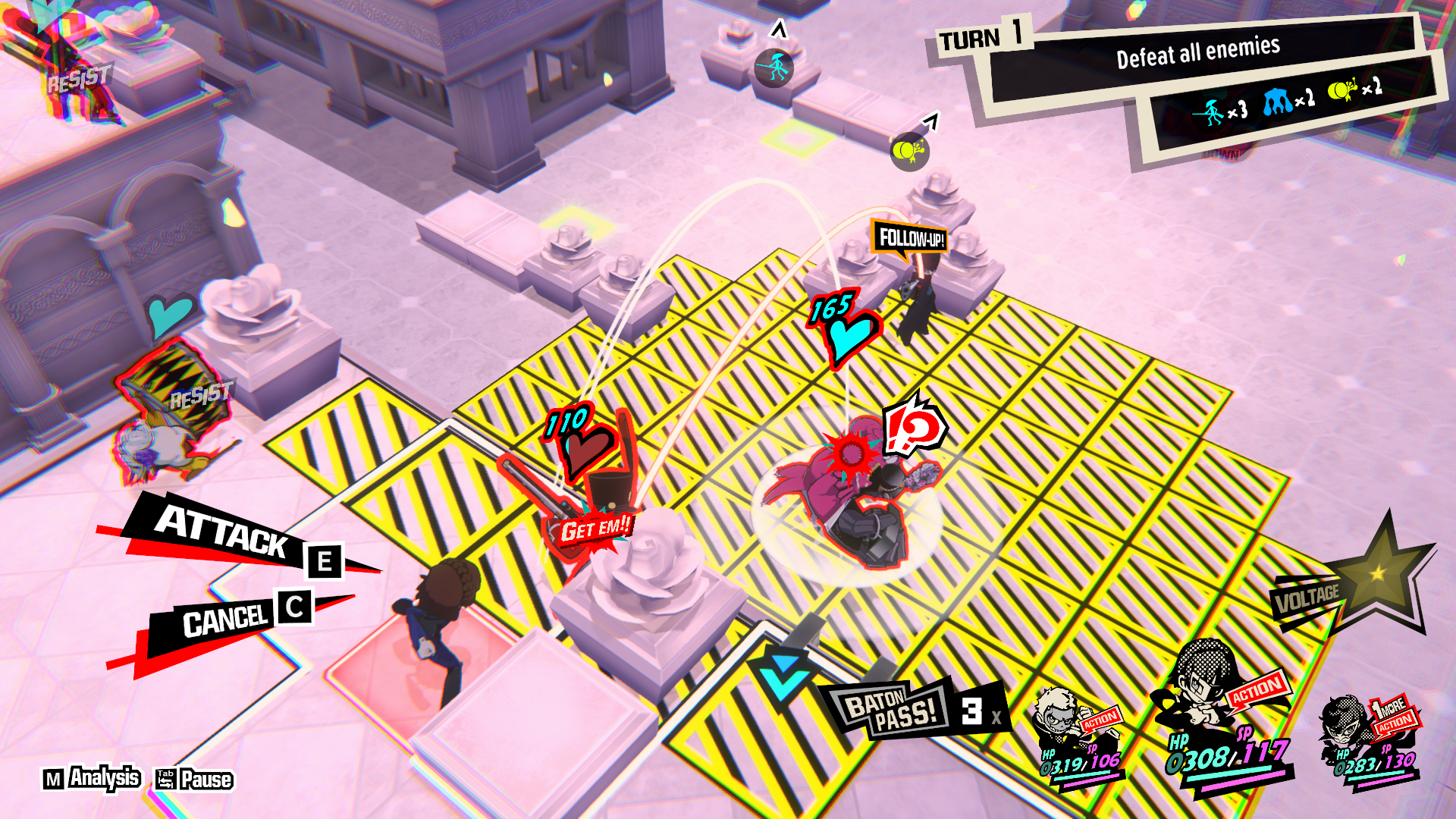 A strategic turn-based battle showcasing the 'One More' mechanic in Persona 5 Tactica