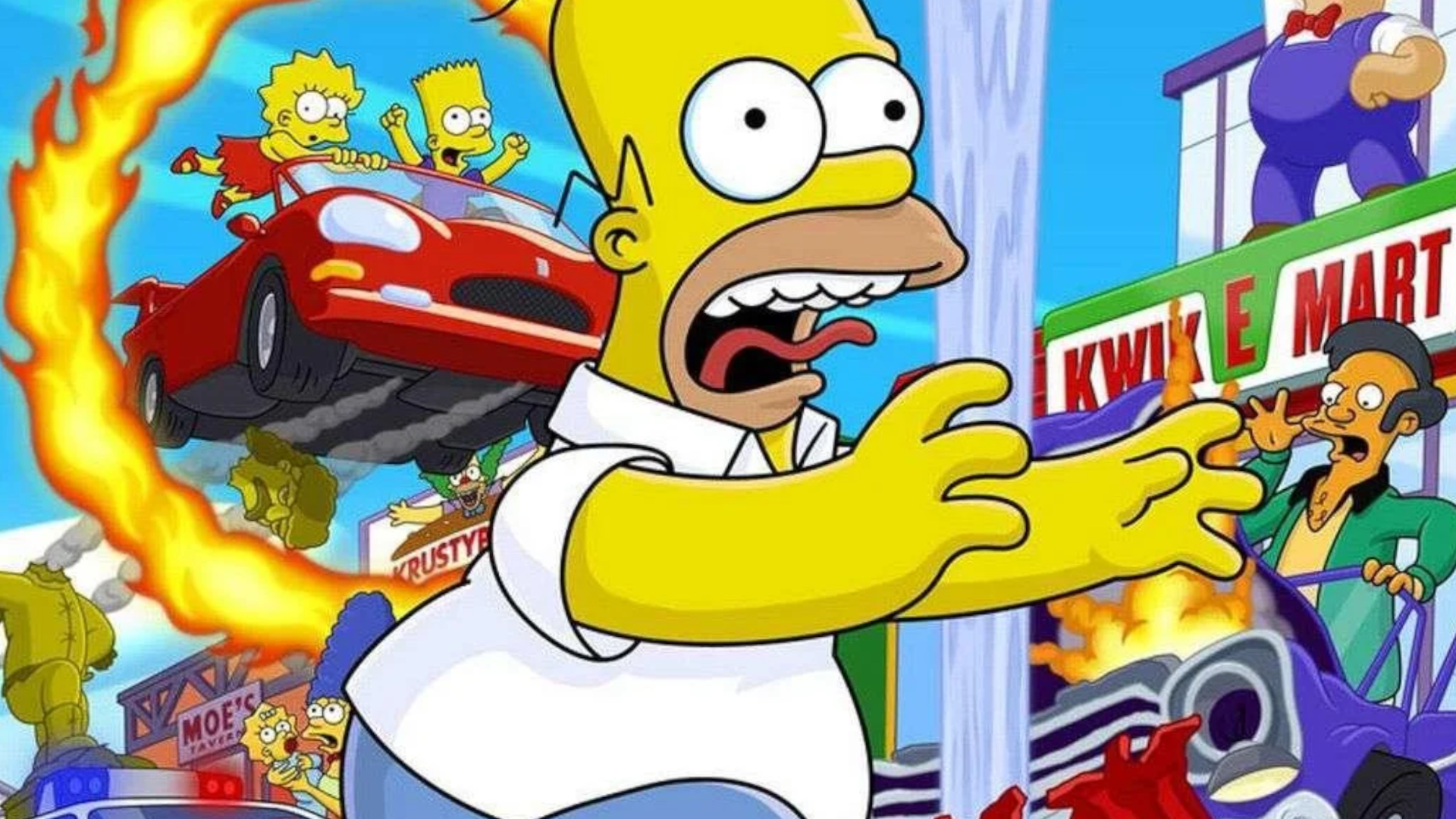 The Simpsons Hit & Run game cover featuring Homer Simpson in a chaotic Springfield