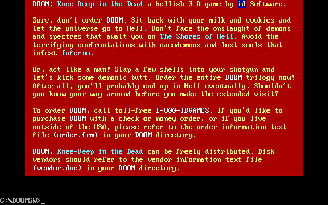 Doom shareware screen showcasing the game's iconic first level