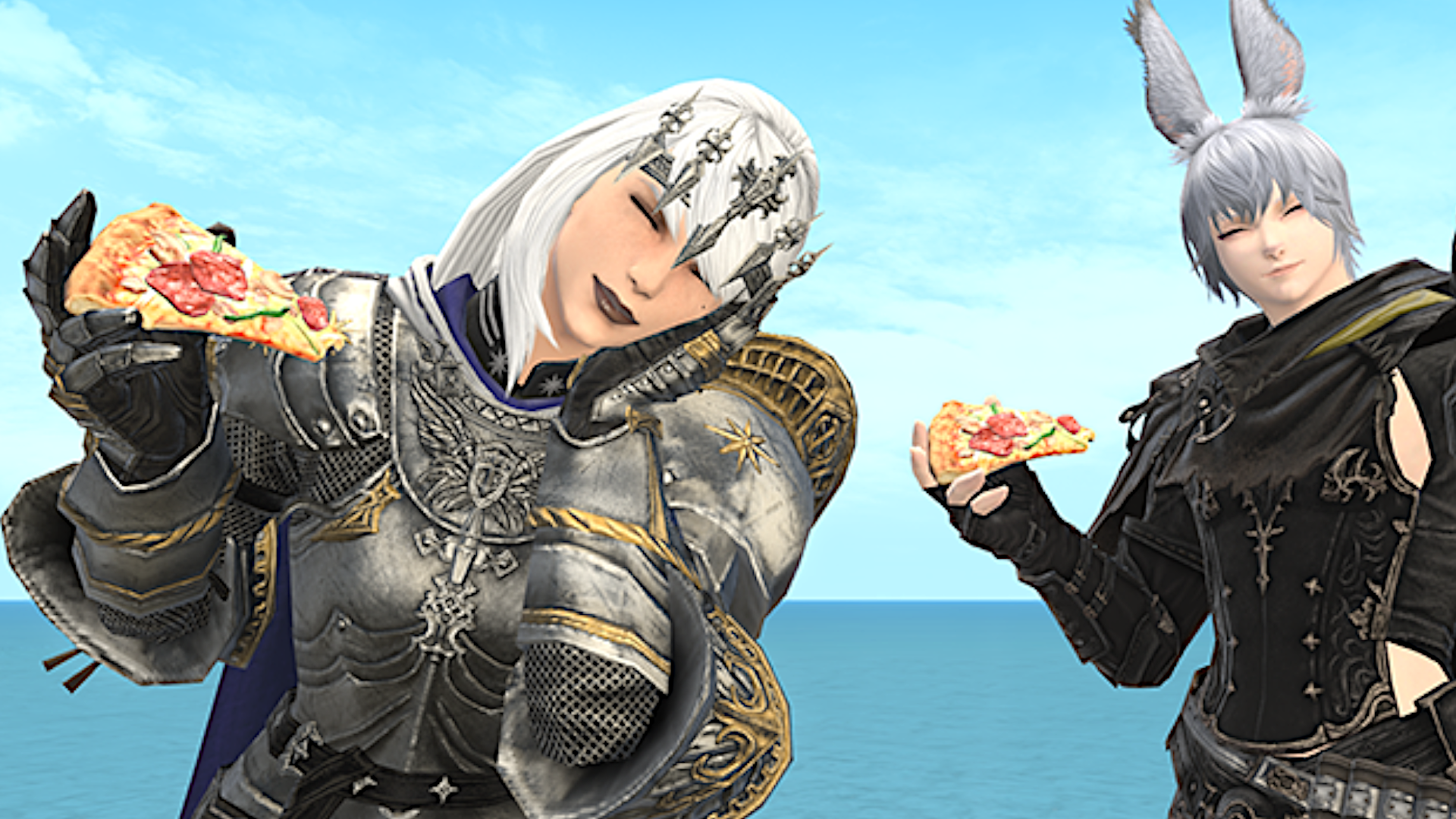 Final Fantasy 14 characters enjoying a virtual pizza slice