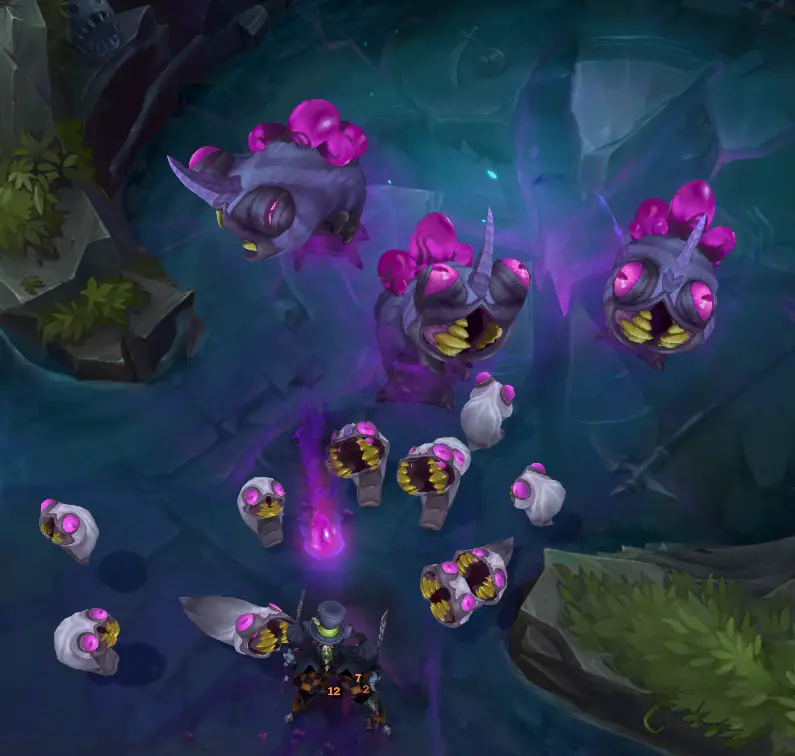 Champions engaging with voidgrubs in League of Legends