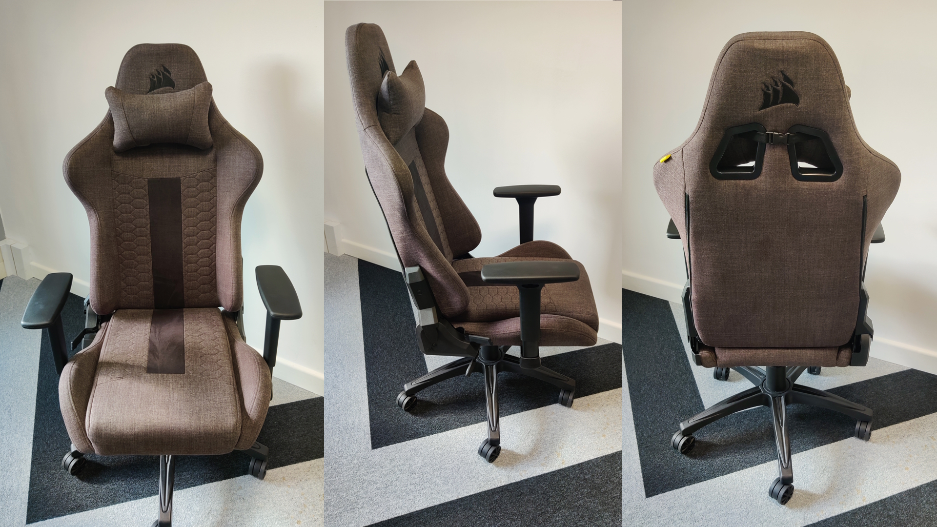 The Corsair TC100 Relaxed showcasing its ergonomic design from multiple angles