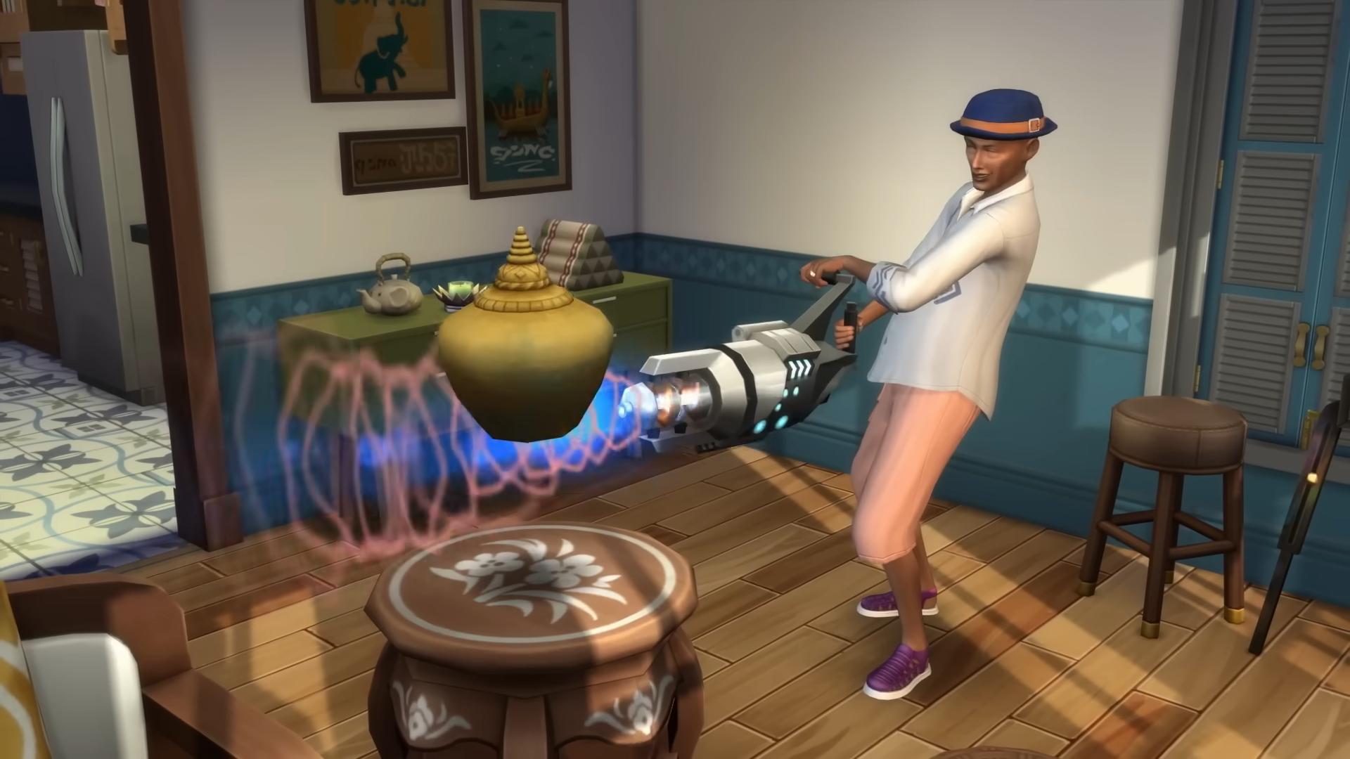 The Sims 4: For Rent expansion showcasing a landlord Sim with a laser and a levitating vase