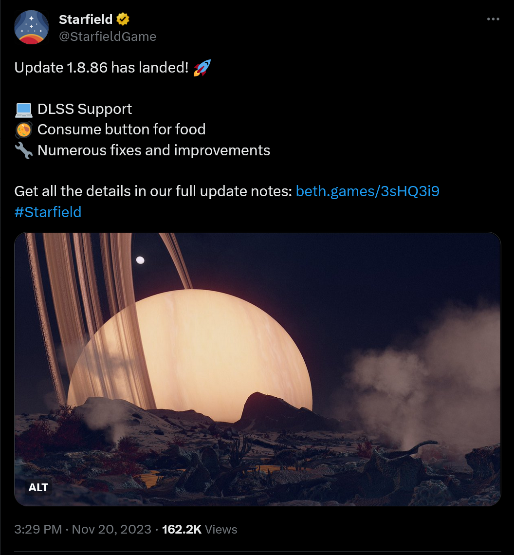 Starfield update announcement on social media