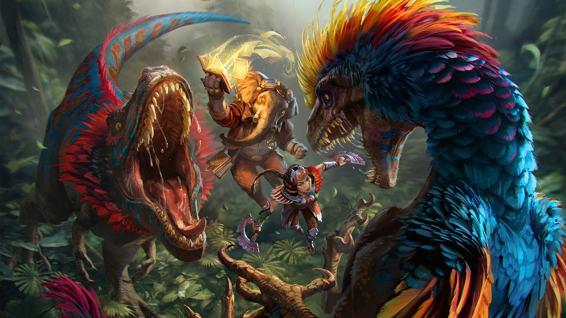 Planeswalkers confronting dinosaurs in the Lost Caverns of Ixalan