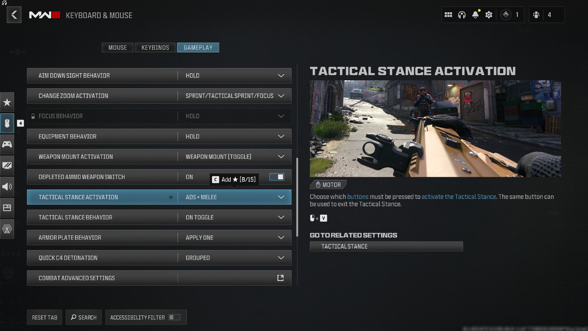 Menu options to disable Tactical Stance in Call of Duty: Modern Warfare 3