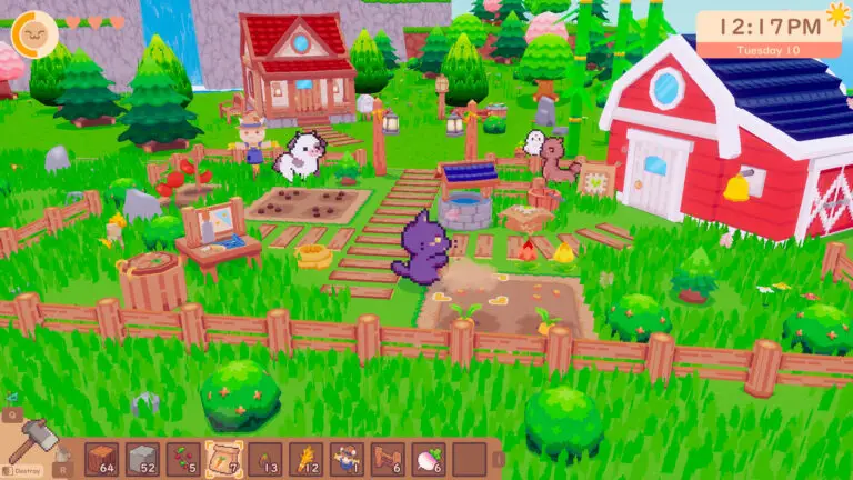 Snacko - a pixelated black cat in a pastel 3D world standing in an enclosed barnyard near a white fluffy cow