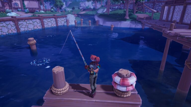 A player fishing at night in Palia