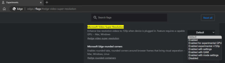 Microsoft Edge upscaler settings interface