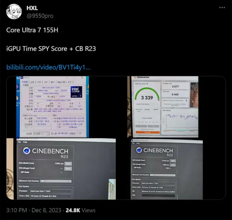 Leaked benchmark scores of Intel Core 7 Ultra 155H