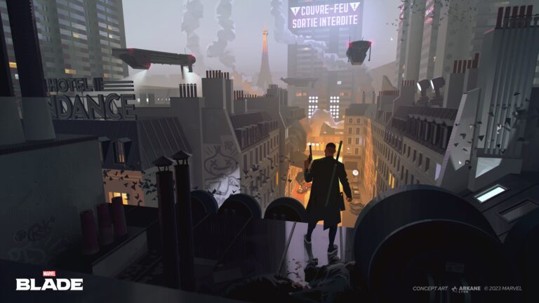 Blade overlooking a Parisian plaza in Arkane's game concept art