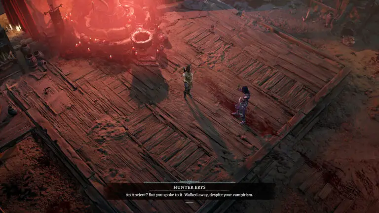 A meeting between the player Necromancer and vampire hunter Erys in Diablo 4