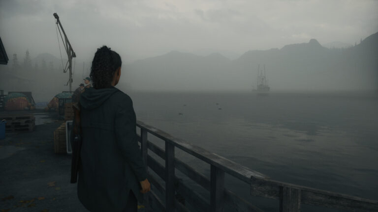 Alan Wake 2 protagonist overlooking a foggy lake