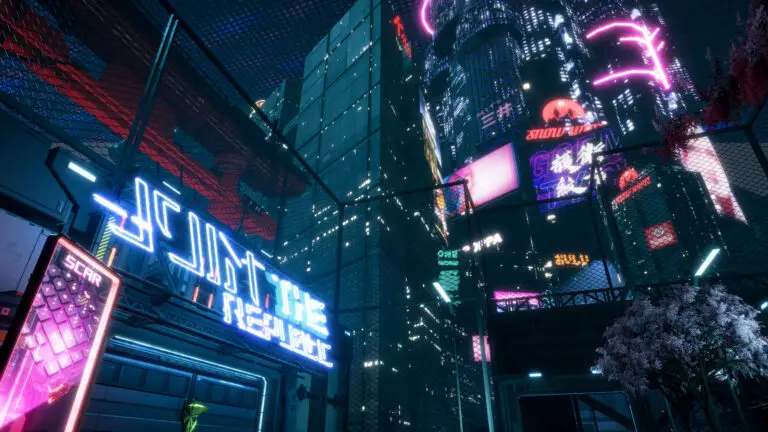 Futuristic cyberpunk cityscape showcasing advanced game graphics