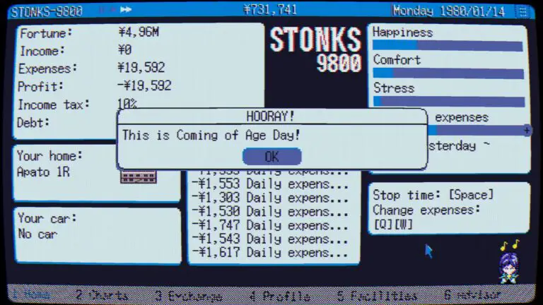 Colorful neon UI of Stonks-9800 game