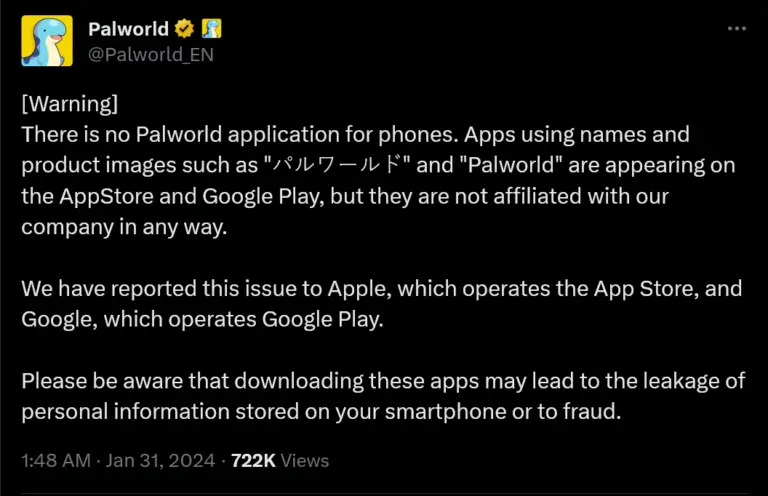 Pocketpair's warning about fake Palworld mobile apps