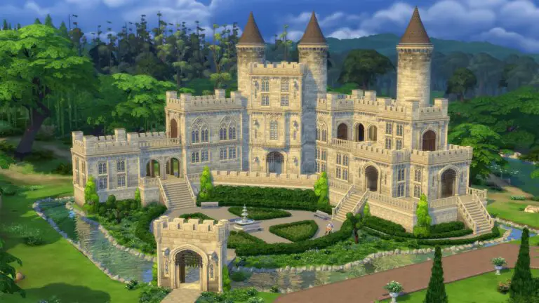 The Sims 4 Castle Estate Kit showcasing a stone castle build with a garden area