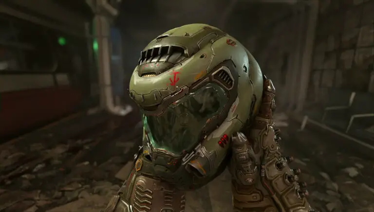 Doom Slayer holding his helmet in Doom Eternal