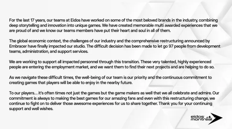 Eidos Montreal statement on layoffs and Deus Ex game cancellation