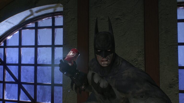 Batman wielding a can of Dr Pepper in Arkham Knight