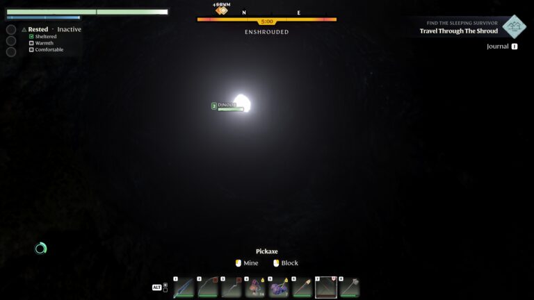 A player's view from the bottom of a deep hole in Enshrouded