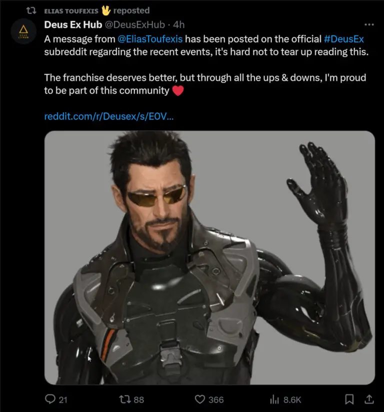 Image of Elias Toufexis expressing gratitude to Deus Ex fans