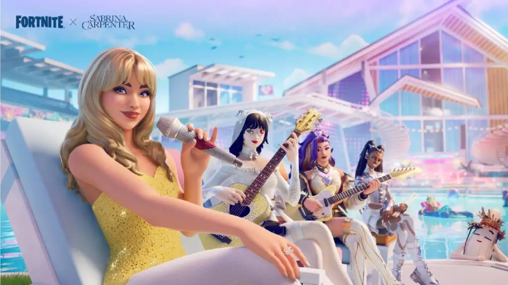 Sabrina Carpenter in Fortnite wearing a yellow dress on a beach chair with her band.