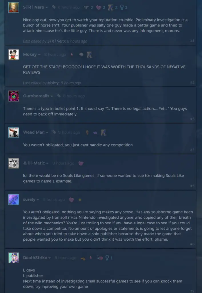User responses to Movie Games SA's 'no lawsuit' update regarding Schedule I on Steam