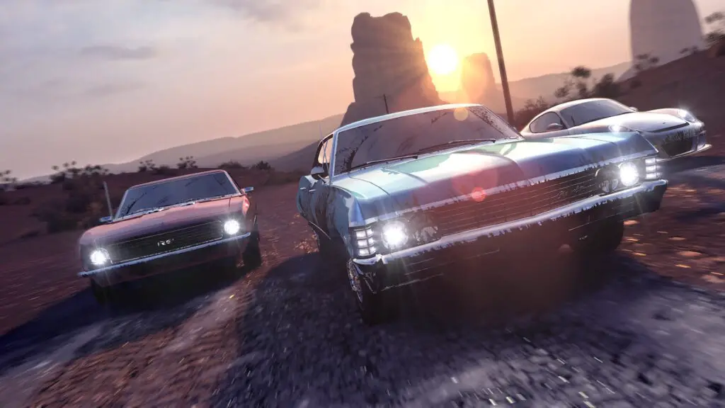 The Crew promotional artwork featuring cars in a dynamic race setting