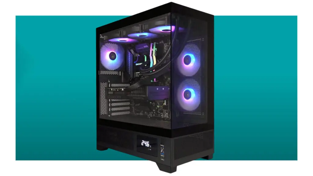 An AVGPC Whirlwind gaming desktop PC against a teal background with a white border