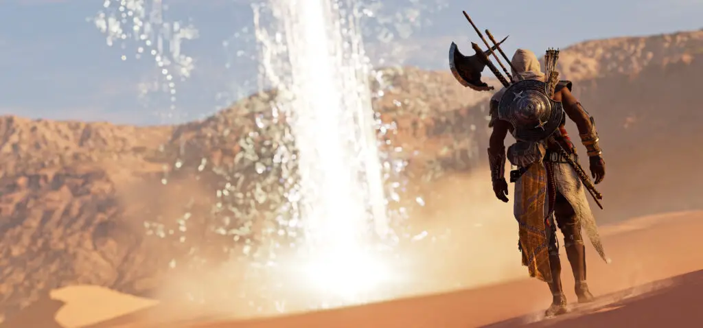 A crossover scene in Assassin's Creed Origins featuring Final Fantasy elements.