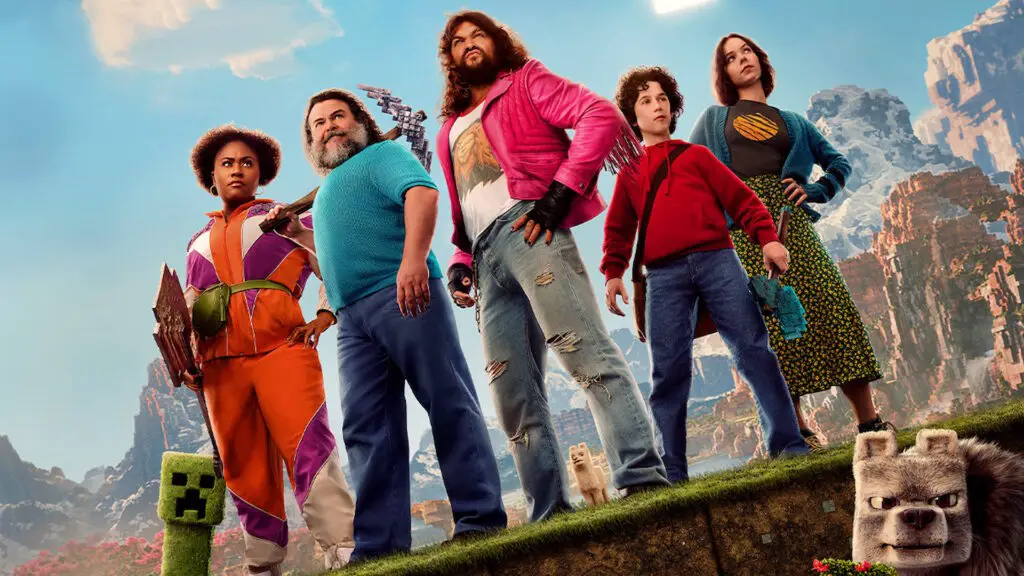 A Minecraft movie promo image of the main cast standing side by side,