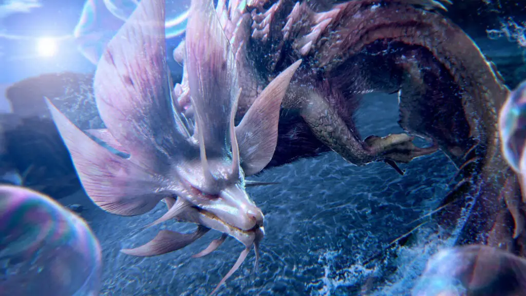 Mizutsune, a fox-like leviathan monster, in Monster Hunter Wilds.