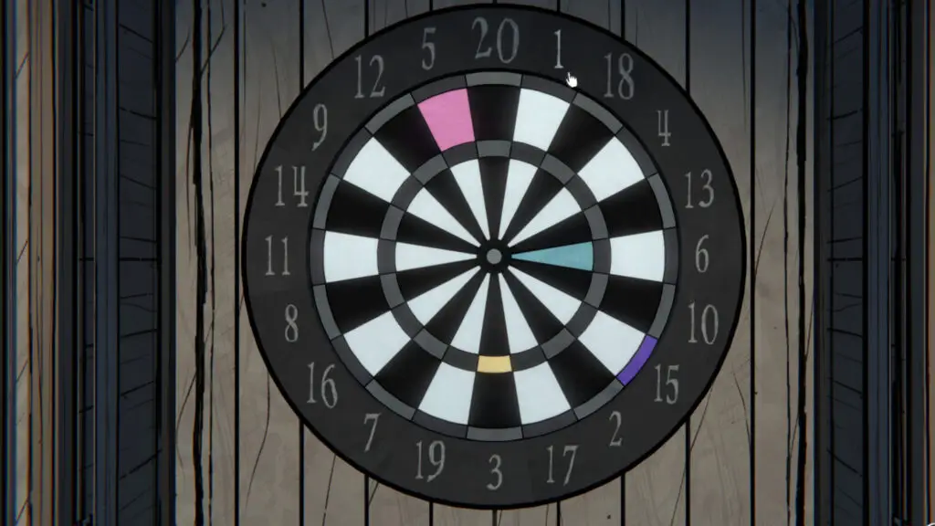 Close-up of the Blue Prince dart board puzzle highlighting colored sections