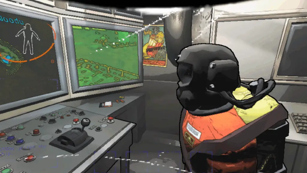 A character looking at a screen in a spaceship, indicative of Lethal Company's setting.