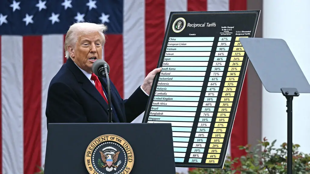 US President Donald Trump holds a chart as he delivers remarks on reciprocal tariffs during an event at the White House in Washington, DC, regarding his 'Make America Wealthy Again' theme.