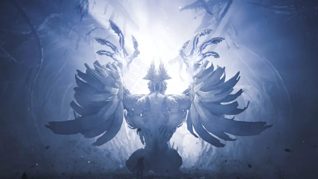 Zoh Shia, the construct dragon, spreads its winged claws in Monster Hunter Wilds.