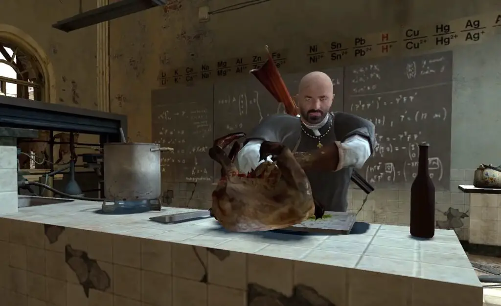 Father Grigori standing in the eerie, zombie-infested town of Ravenholm from Half-Life 2