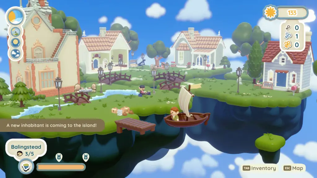 Twinkleby - A small village on a cartoony 3D island floating in the air with a new resident arriving on a flying sailboat.