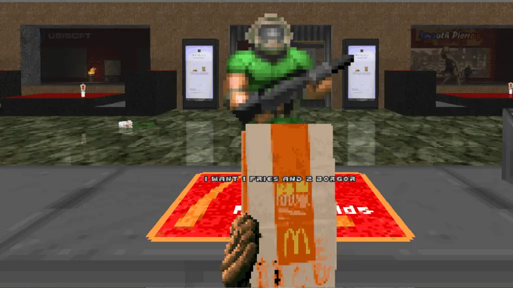 Handing a bag of fries to Doom Guy.