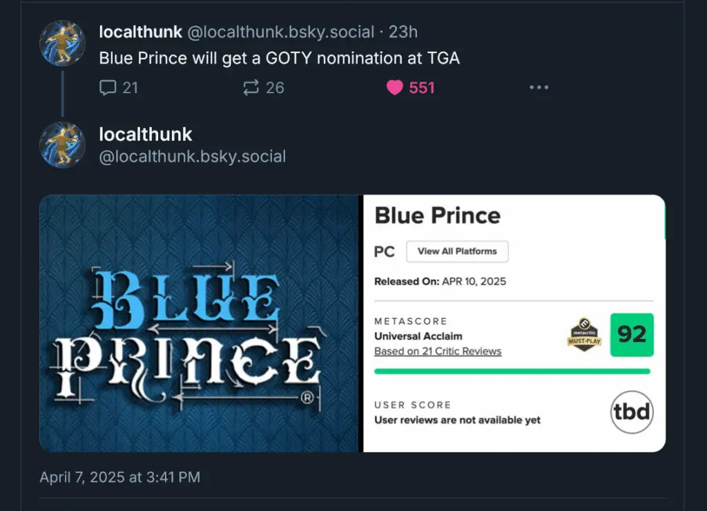 Screenshot of Metacritic page showing Blue Prince with a 92 rating, captioned 'Blue Prince will get a GOTY nomination at TGA'