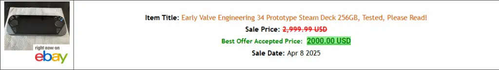 A screen grab of the website 130point.com, zoomed in on the sale of a prototype Steam Deck sold on eBay for $2,000 on April 8, 2025.