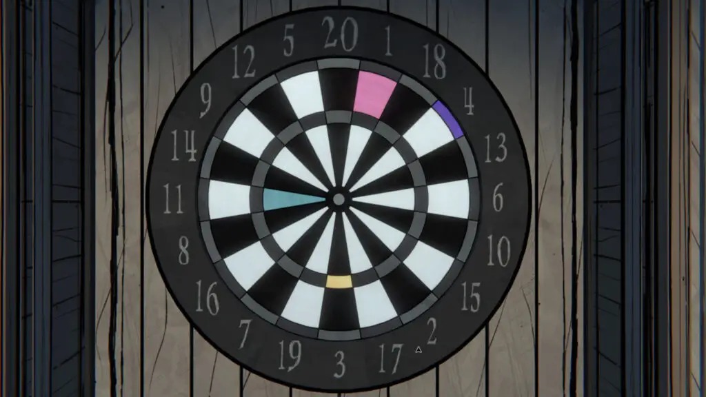 A dart board with different colored sections in the Blue Prince game