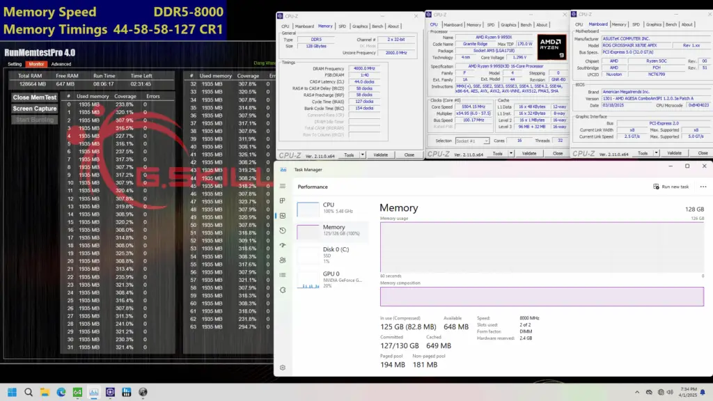 A screenshot of G.Skill benchmarks for its DDR5-8000 128 GB RAM kit, showing them running at top speeds.